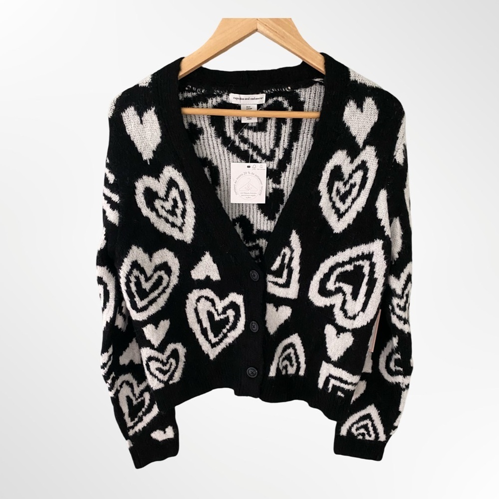cupcakes & cashmere Black & White Heart Jacquard Button-Up Cardigan